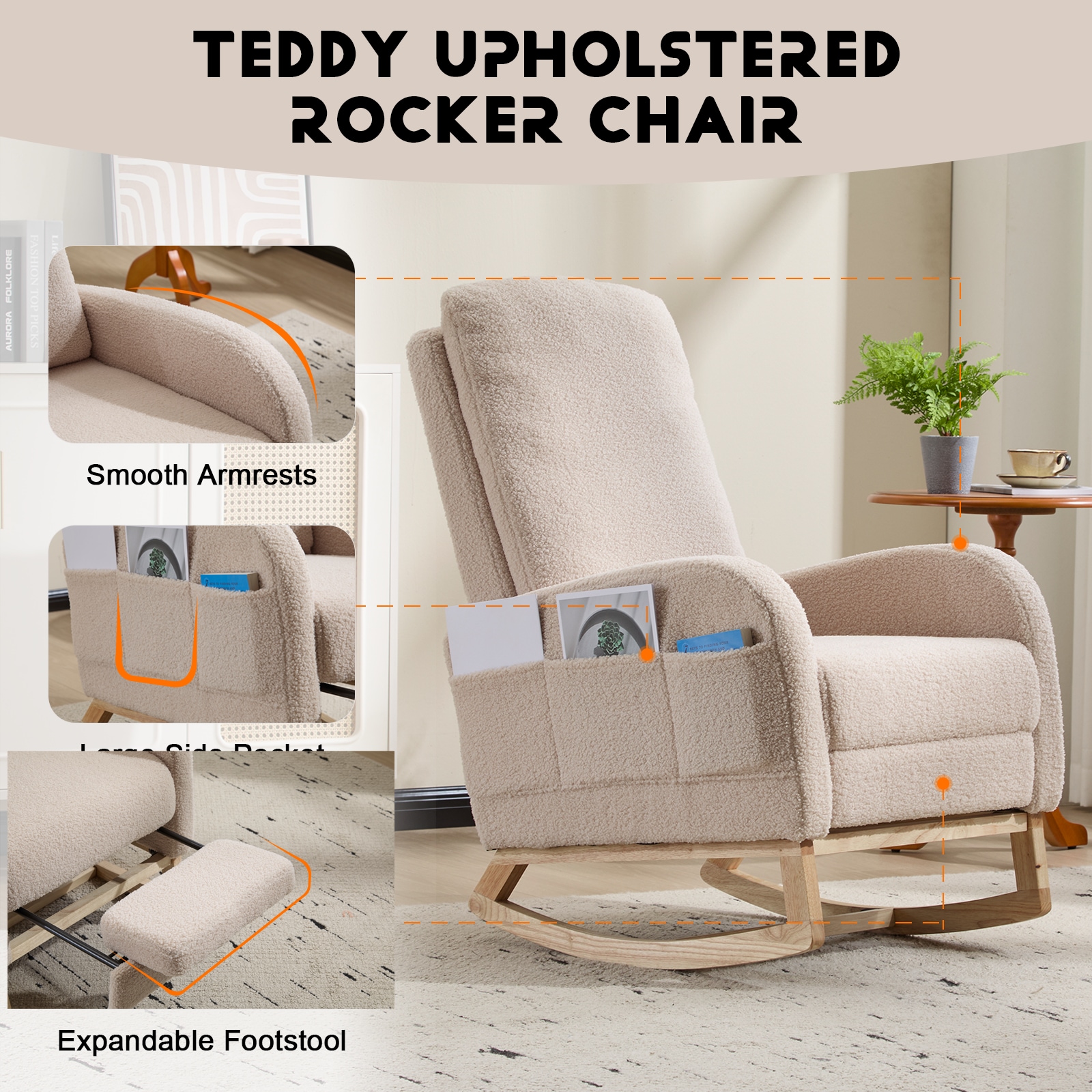 Modern Accent Rocking Chair Rocking Chair With Solid Wood Legs, Upholstered Nursery Glider Rocker, Comfy Armchair With Side Pocket, Living Room Lounge Arm Chair With High Backrest (Beige,teddy)_voghion.com
